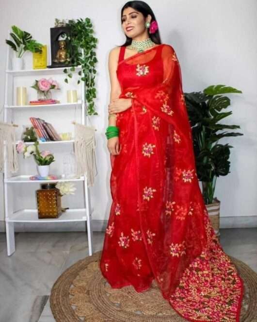 Organza Red-Garden Saree