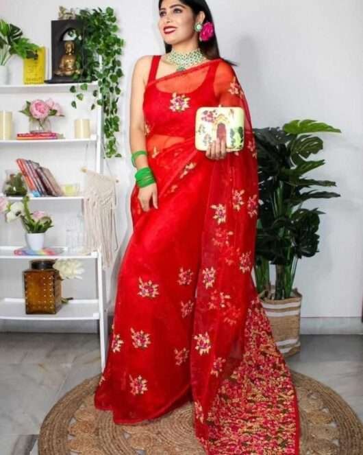 Organza Red-Garden Saree